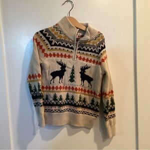 Men's Cream Fair Isle Moose Quarter-Zip Sweater